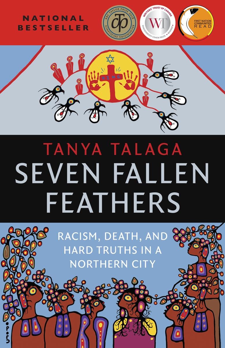 Book cover for Seven Fallen Feathers showing a painting by Ojibwe artist Christian Morrisseau. It depicts 7 youth.